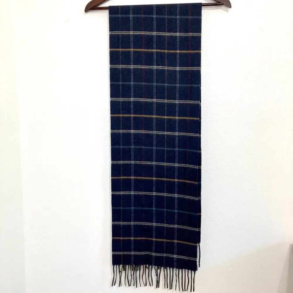 Perry Ellis Vintage Navy Plaid Fleece Scarf 11 x 65 Classic Preppy Warm 90s